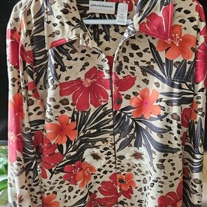 Alfred Dunner Women's Button Down Shirt - Red, Orange, and Tan Floral